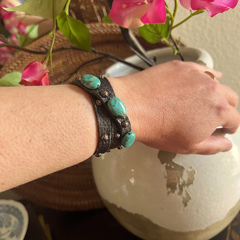 One of a kind Leather and turquoise wrap bracelet